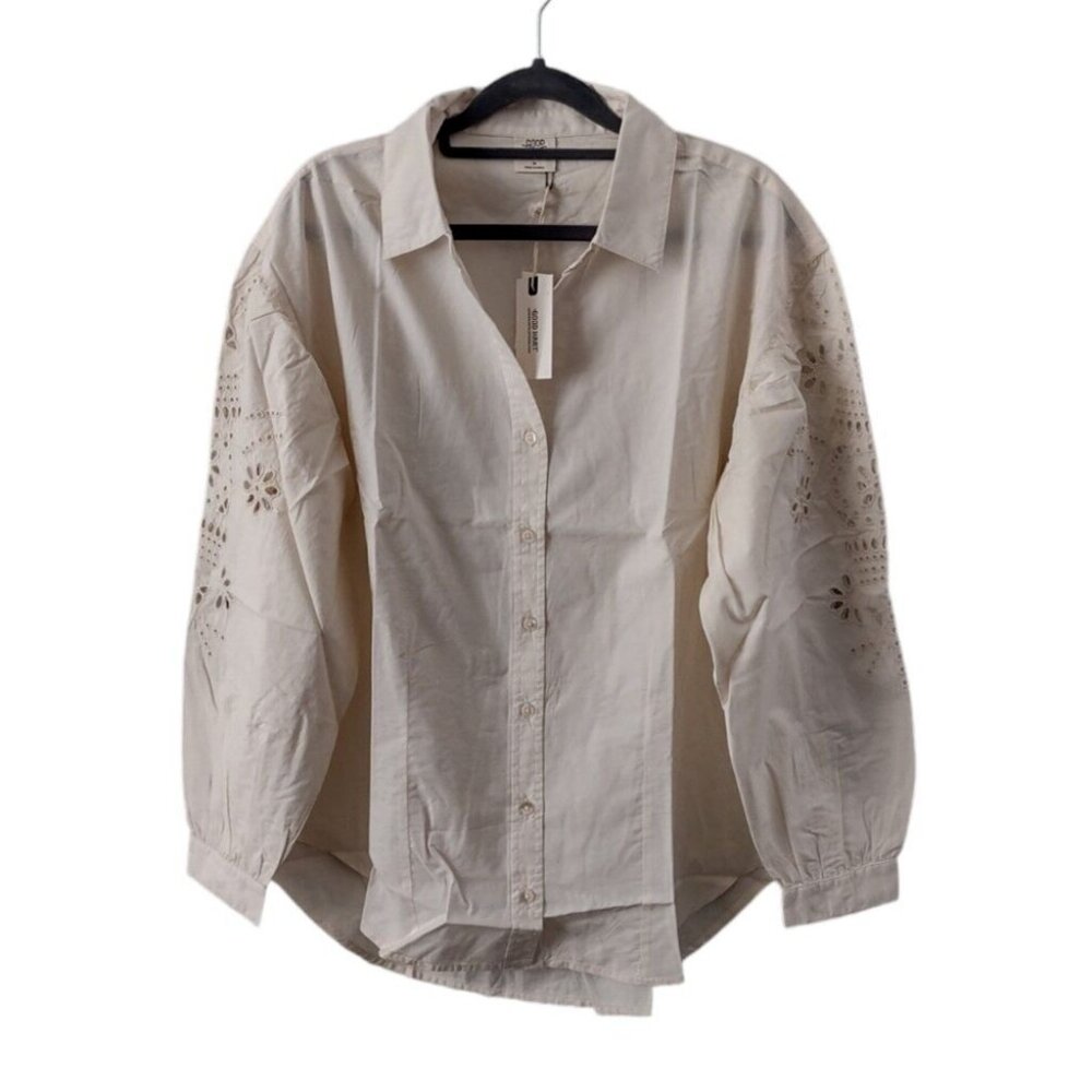 Good Hart Eyelet Puff Sleeve Button Up Shirt Womens Ivory Cream Tunic Tencel Top